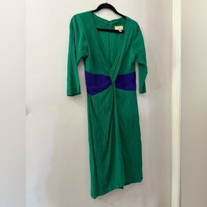 Anthropologie Green and Blue Long Sleeve midi Dress - size 8 - front knot detail